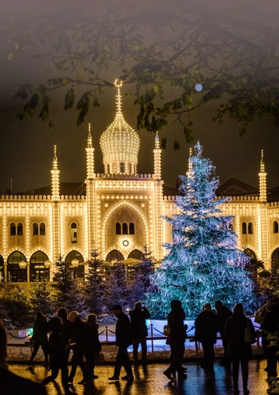 Billede af Jul i Tivoli - et oplyst Nimb med lysende juletræ og gæster i forgrunden 