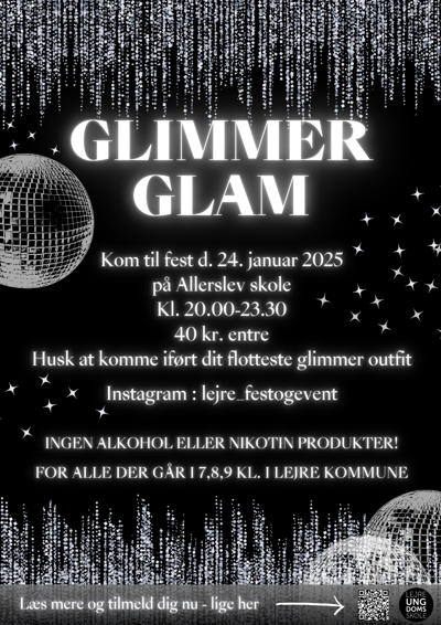 Glimmer Glam plakat. sort med hvis skrift om info samt glimmer og diskokugler