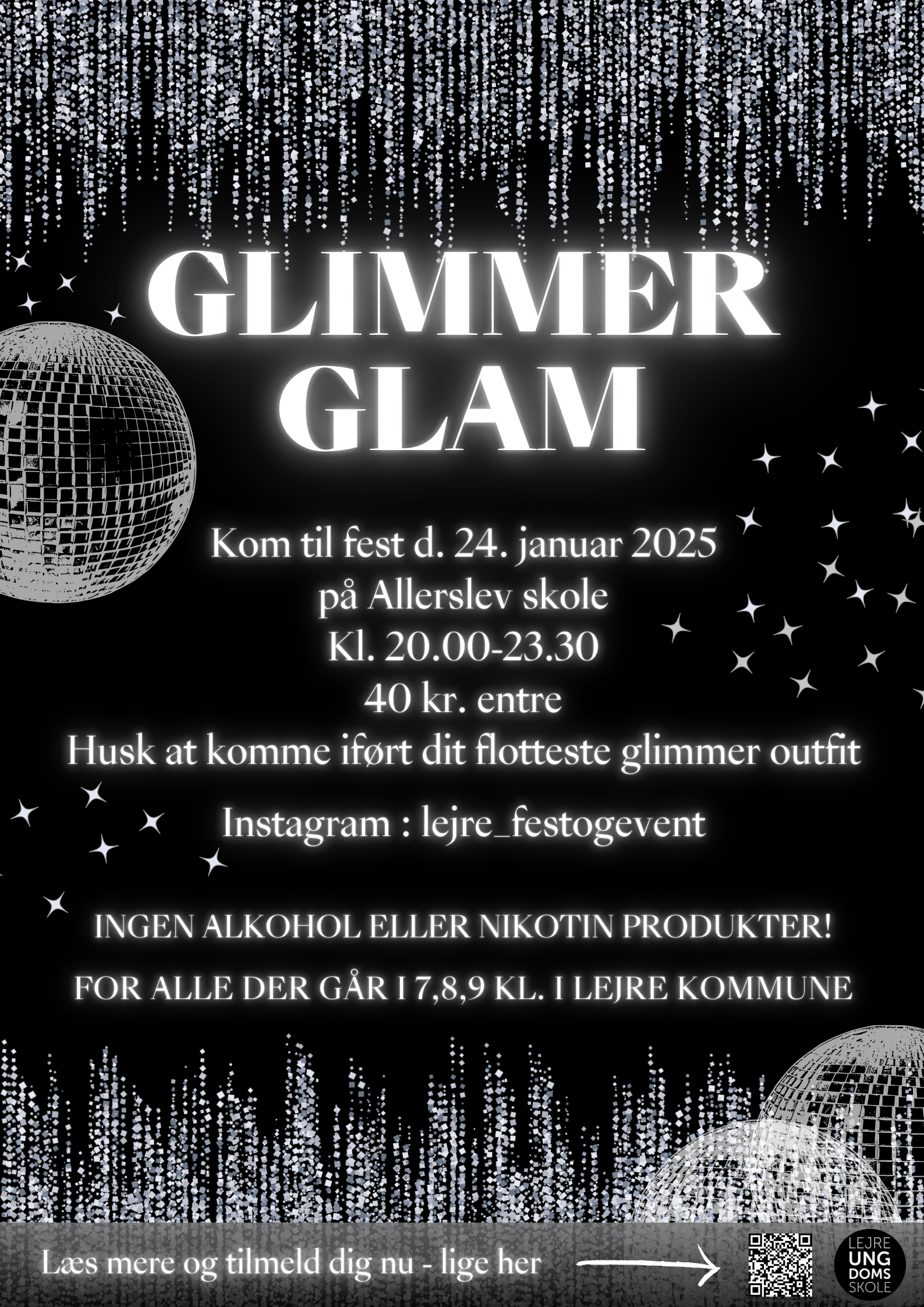 Glimmer Glam plakat. sort med hvis skrift om info samt glimmer og diskokugler